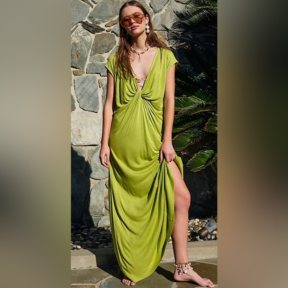 Free People FP Beach Linen Blend Marina Lime Green Twist Front Maxi Dress S/P